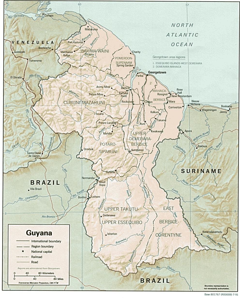 karta över Guyana visar de tre länen