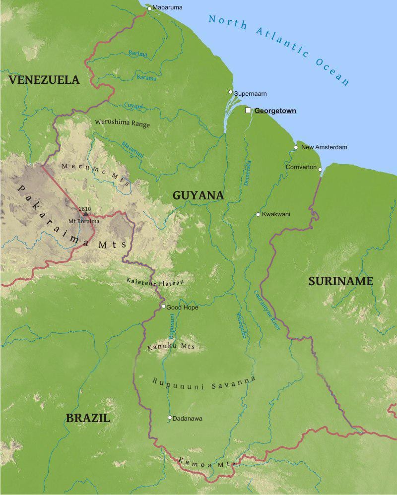 karta över Guyana visar låg kustnära slätten