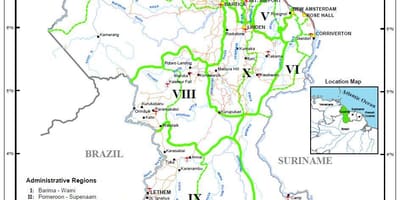 Karta över Guyana visar de tio administrativa regioner