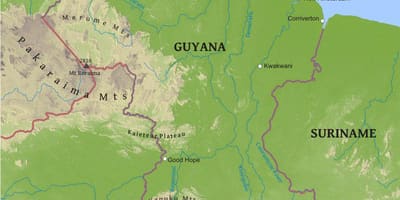 Karta över Guyana visar låg kustnära slätten